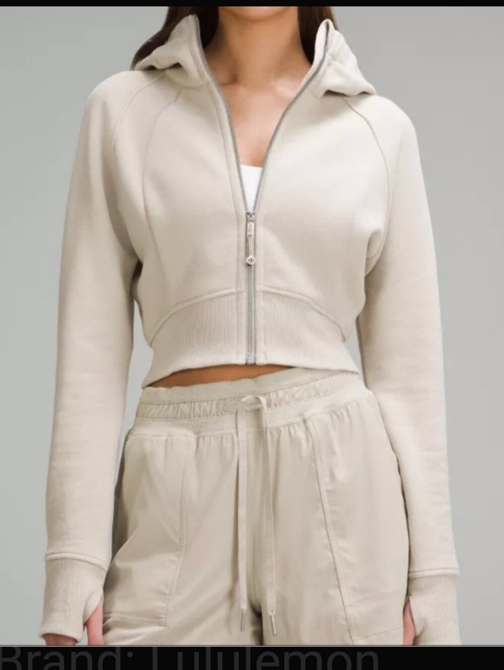 Lululemon Scuba Full- Zip Up Cropped Oversized Hoodie Beige